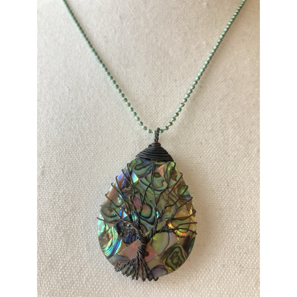 Artisan Abalone Shell Tree of Life Pendant Necklace Green Beaded Chain Artsy